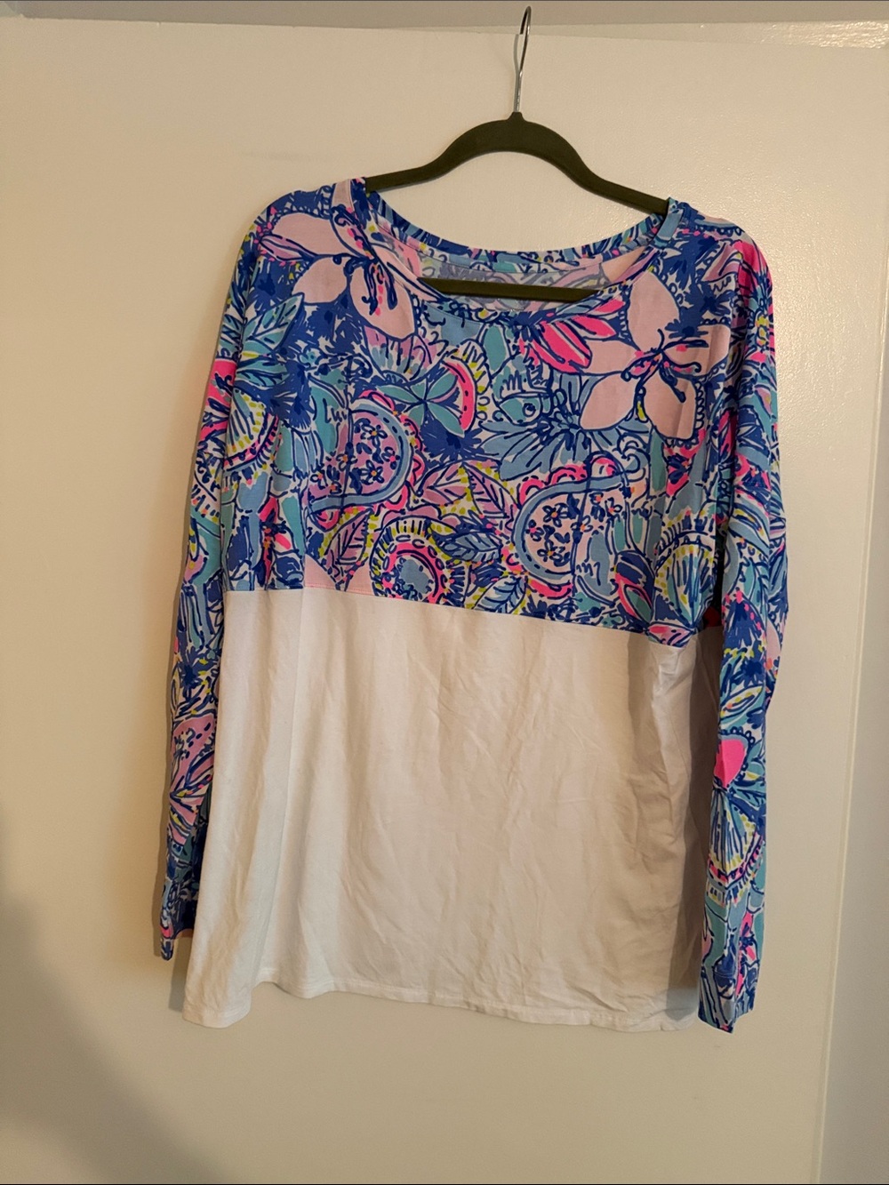 Lilly Pulitzer Blue, Pink & White Floral Colorblock Long Sleeve Top